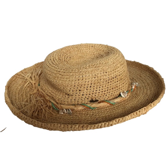 SCALA Wide Brim Straw Sun Hat with Broken Shells Twisted on Band One Size - Picture 6 of 8